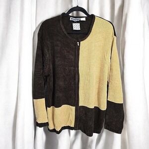 Vintage Erika & Co Women's Cardigan 1X Chenille Brown Tan Color Block Full Zip‎